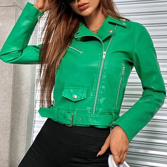 Green Zipper up Grommet Buckle Moto Jacket minimalist - Picture 5 of 6